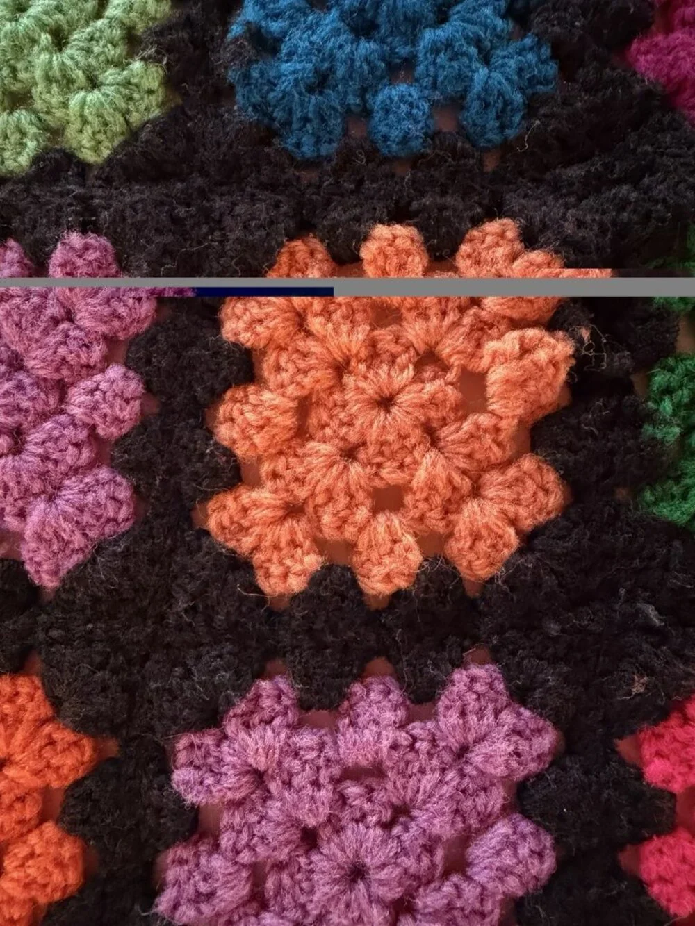 Vintage Granny Square grandmacore black multicolor blanket throw crochet cottage